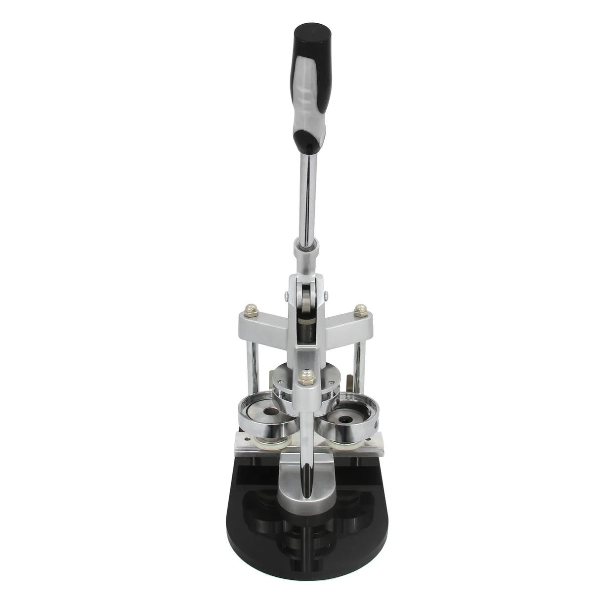 PixMax 25mm badge press and cutter features a sleek silver and black design with a sturdy handle for easy badge creation