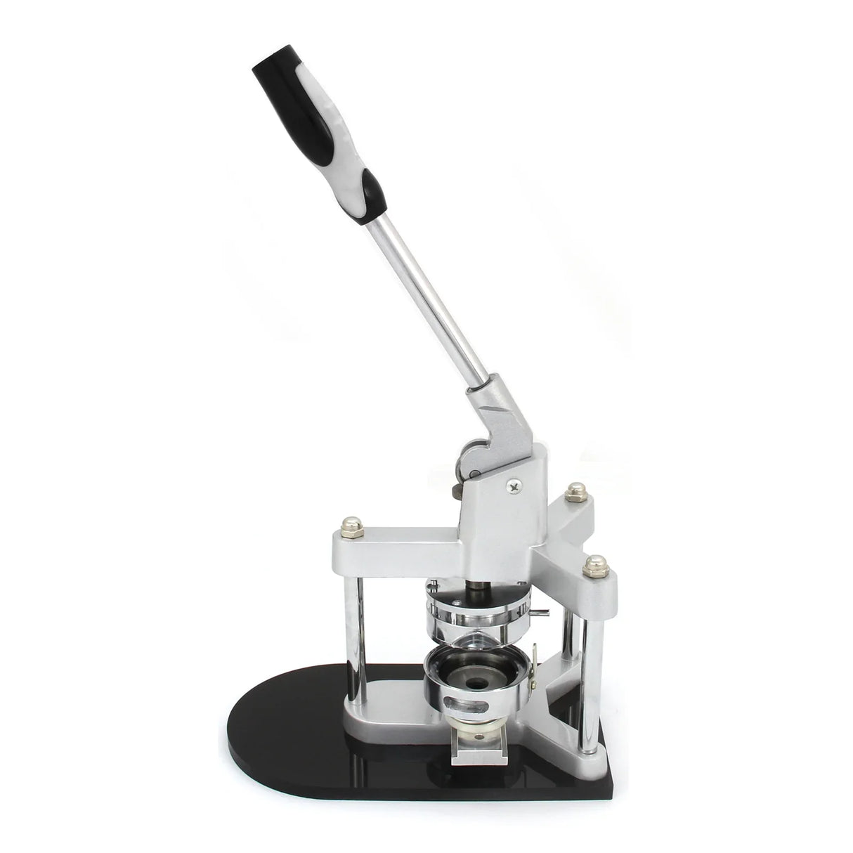PixMax 37mm badge press and cutter with a sleek silver and black design, featuring a sturdy lever and base for easy use