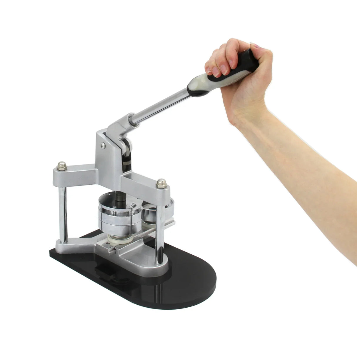 PixMax 58mm pocket mirror badge press and cutter with a sleek silver handle, sturdy base, and ergonomic design for easy use