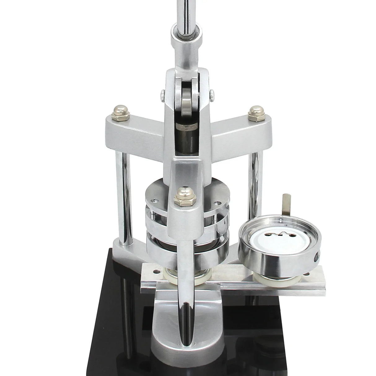 PixMax 58mm pocket mirror badge press and cutter with a sleek silver metal design and sturdy black base for easy use