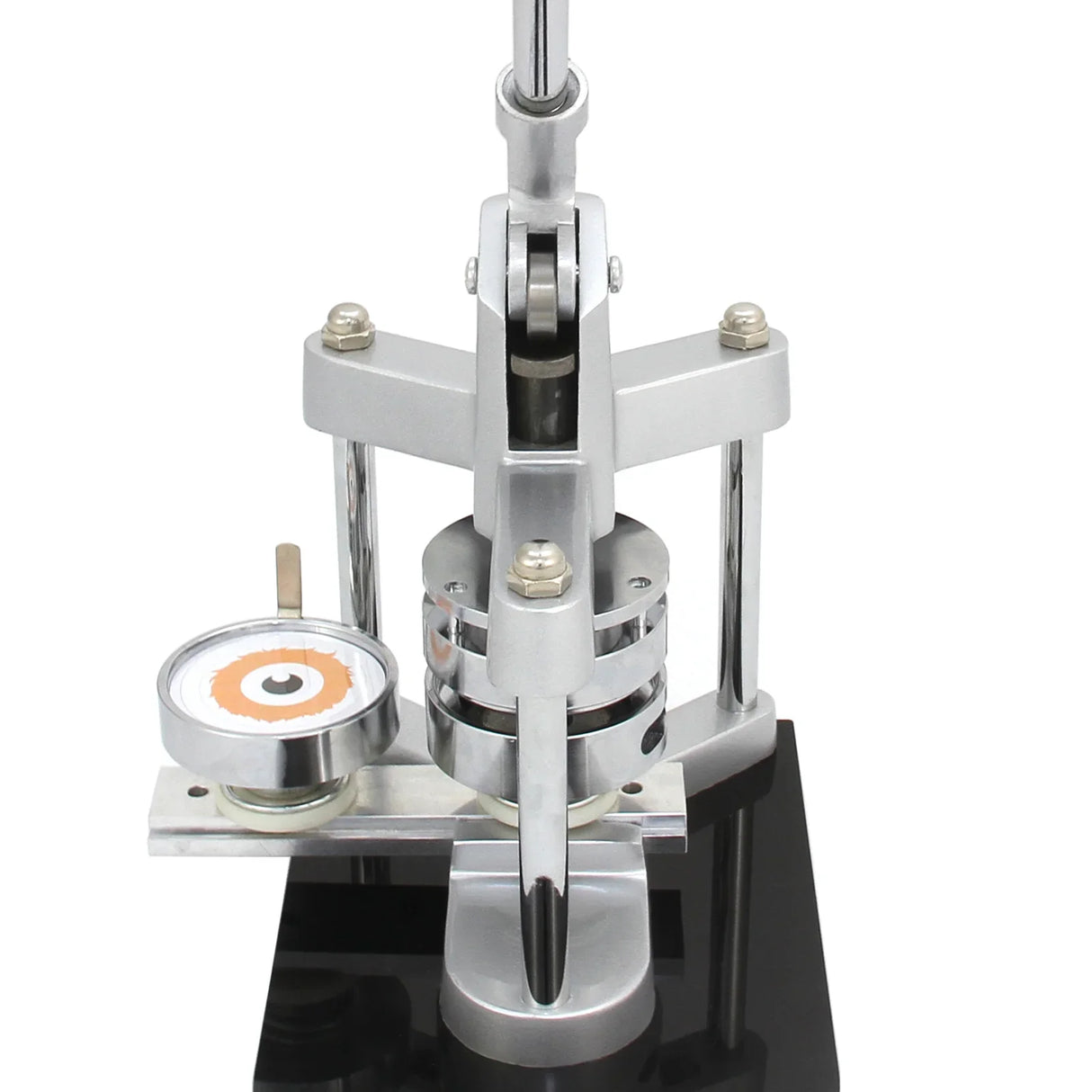 PixMax 58mm pocket mirror and badge press cutter with sleek silver metal design, sturdy base, and precision cutting mechanism