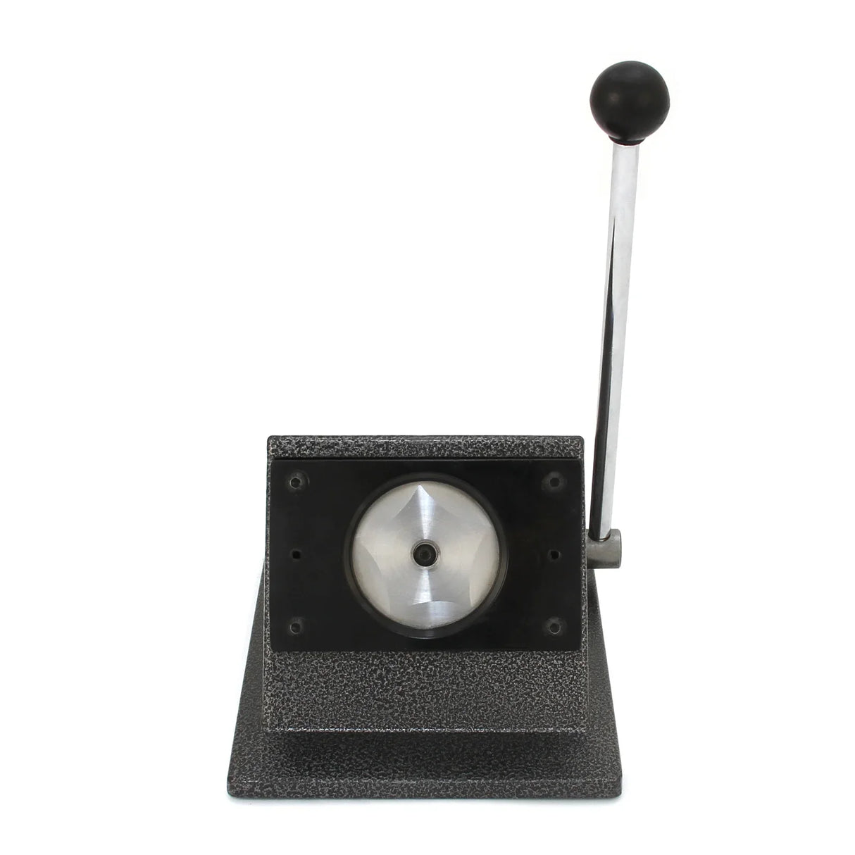 PixMax 58mm pocket mirror and badge press features a sturdy black base, metallic lever, and circular cutting area for precise badge creation