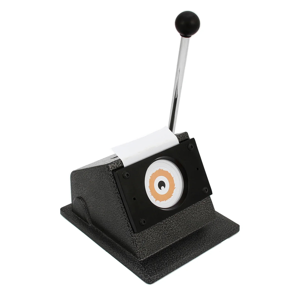 PixMax 25mm badge press and cutter in black with a sturdy base, lever handle, and circular cutting mechanism for precise badge creation