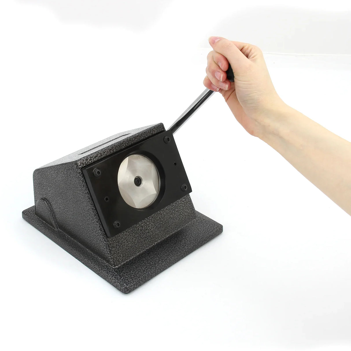 PixMax 37mm badge press and cutter with textured black body, featuring a hand lever for easy operation and precision cutting