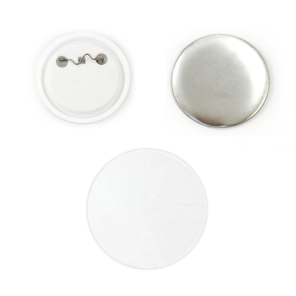 Three badge components: a shiny silver metal front, a white plastic back with a pin, and a blank white insert for customization