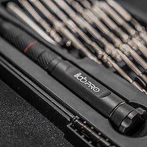 ilabPRO 23 Piece Precision Screwdriver Set featuring a black textured handle and shiny metal screwdriver bits in a compact case
