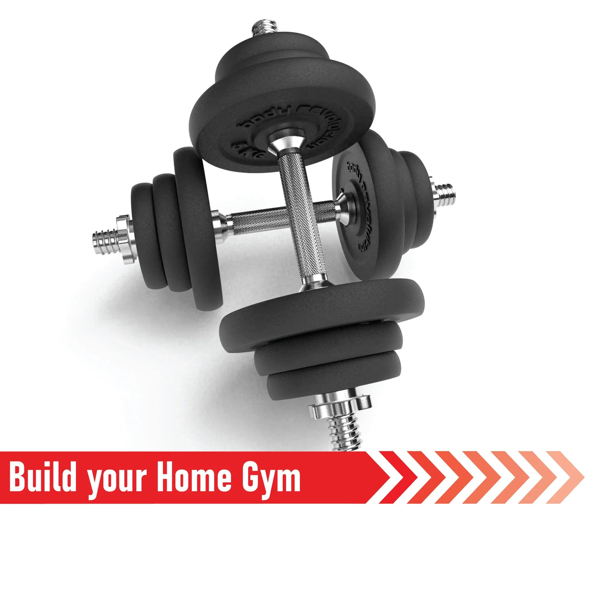 Cast iron dumbbell set ranging from 15 kg to 50 kg, featuring a sleek black finish and textured grip for secure handling
