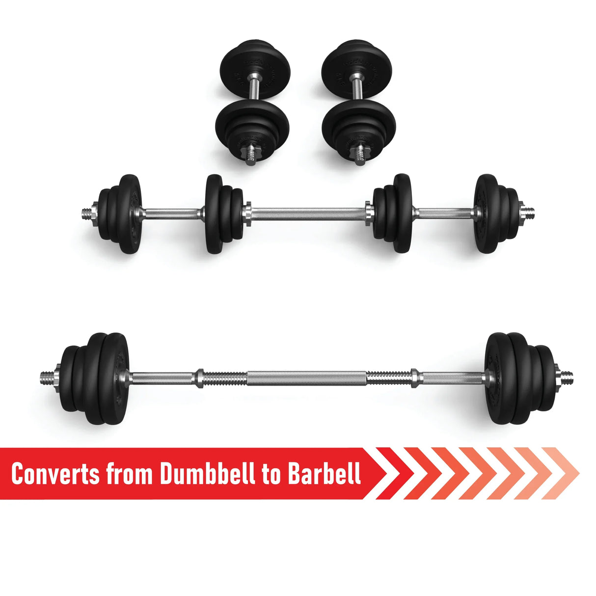 Body Revolution Cast Iron Dumbbell Set, 15 kg to 50 kg, features adjustable weights, black rubber grips, and a sleek silver barbell design