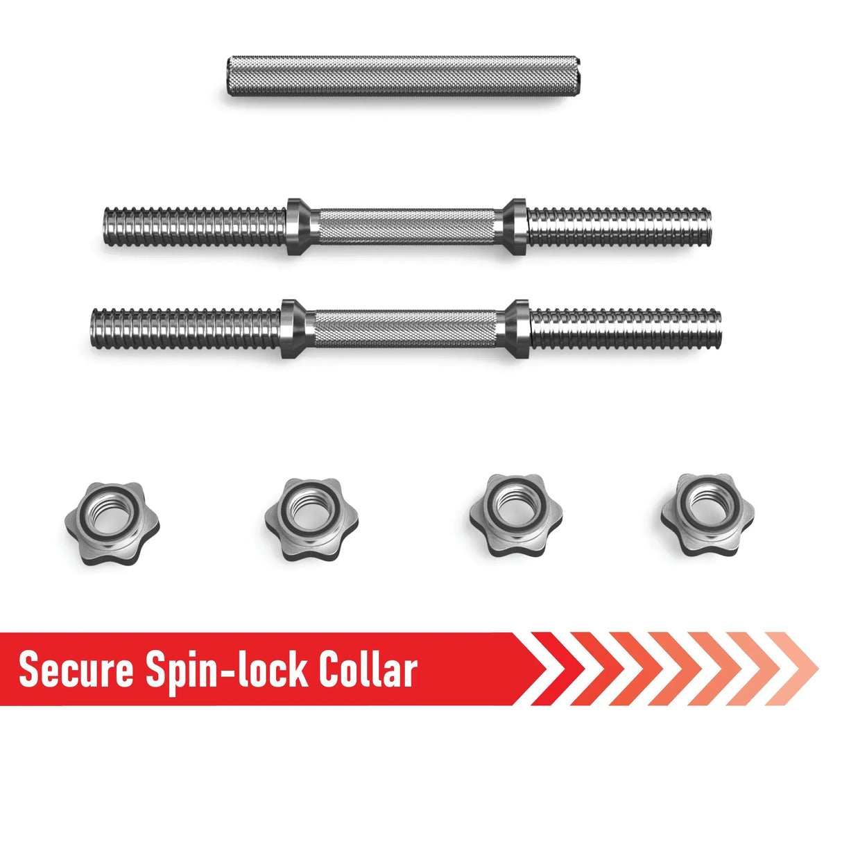 Cast iron dumbbell set components featuring secure spin-lock collars, textured grip bars, and durable metal construction for stability