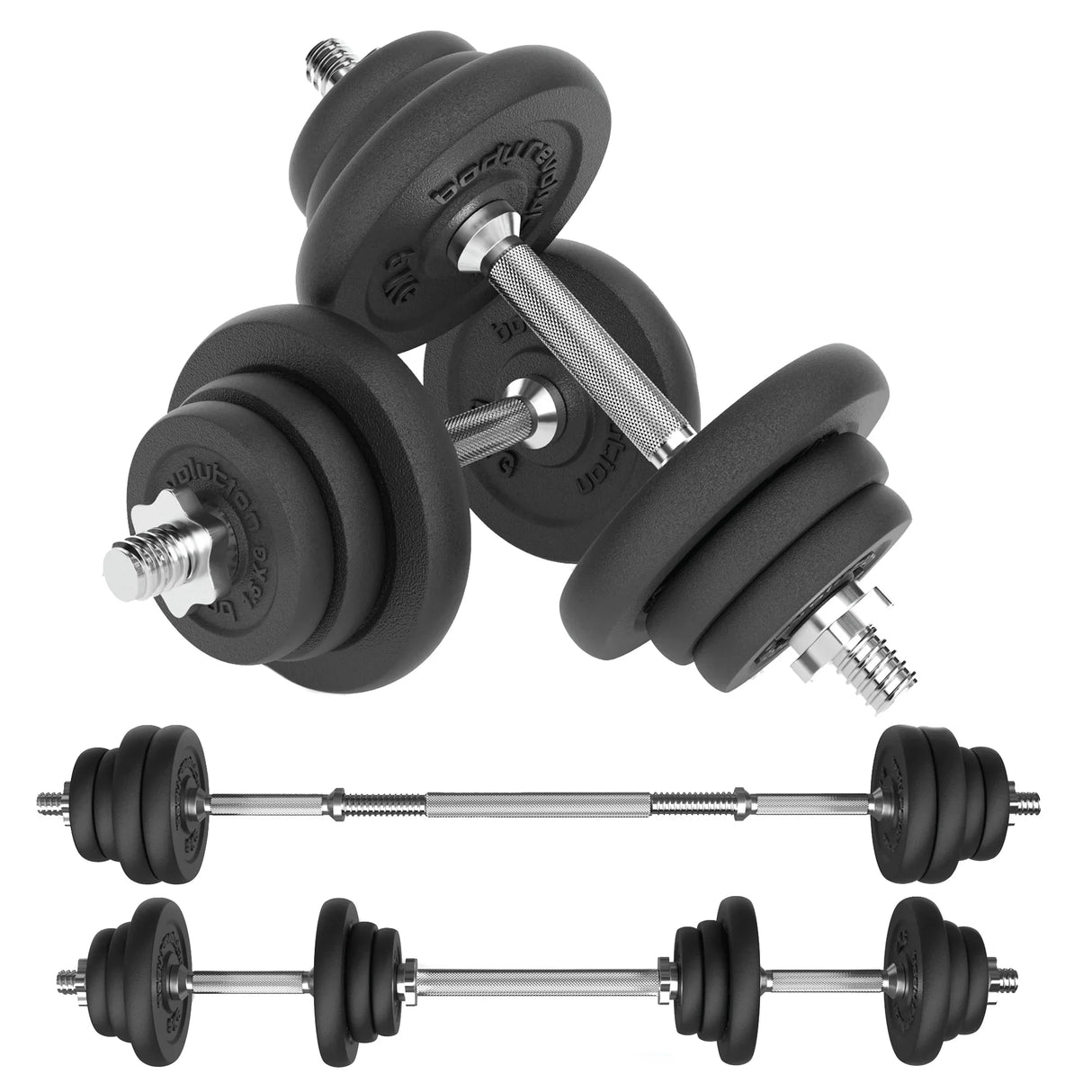 Cast iron dumbbell set ranging from 15 kg to 50 kg, featuring textured black weights and a sturdy chrome handle for secure grip