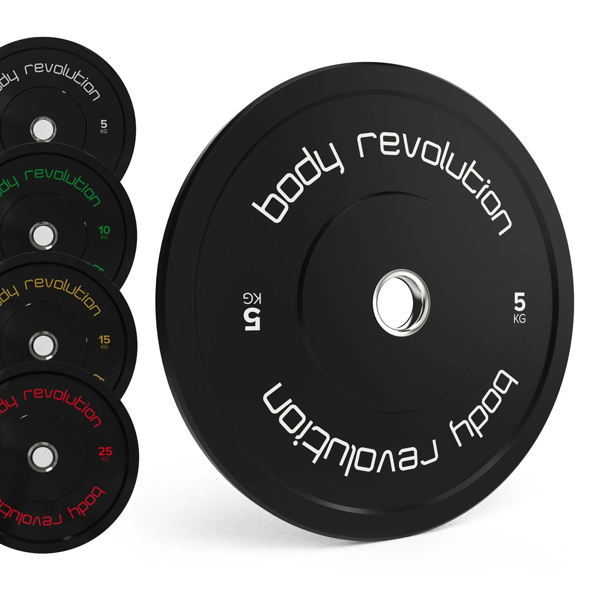 Body Revolution Olympic black bumper plate bundle featuring 5kg, 10kg, 15kg, 20kg, and 25kg plates with textured finish and clear weight markings