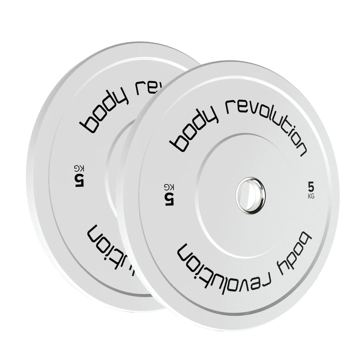 Body Revolution 5kg Olympic bumper plates in sleek white with black lettering, designed for strength training and fitness enthusiasts