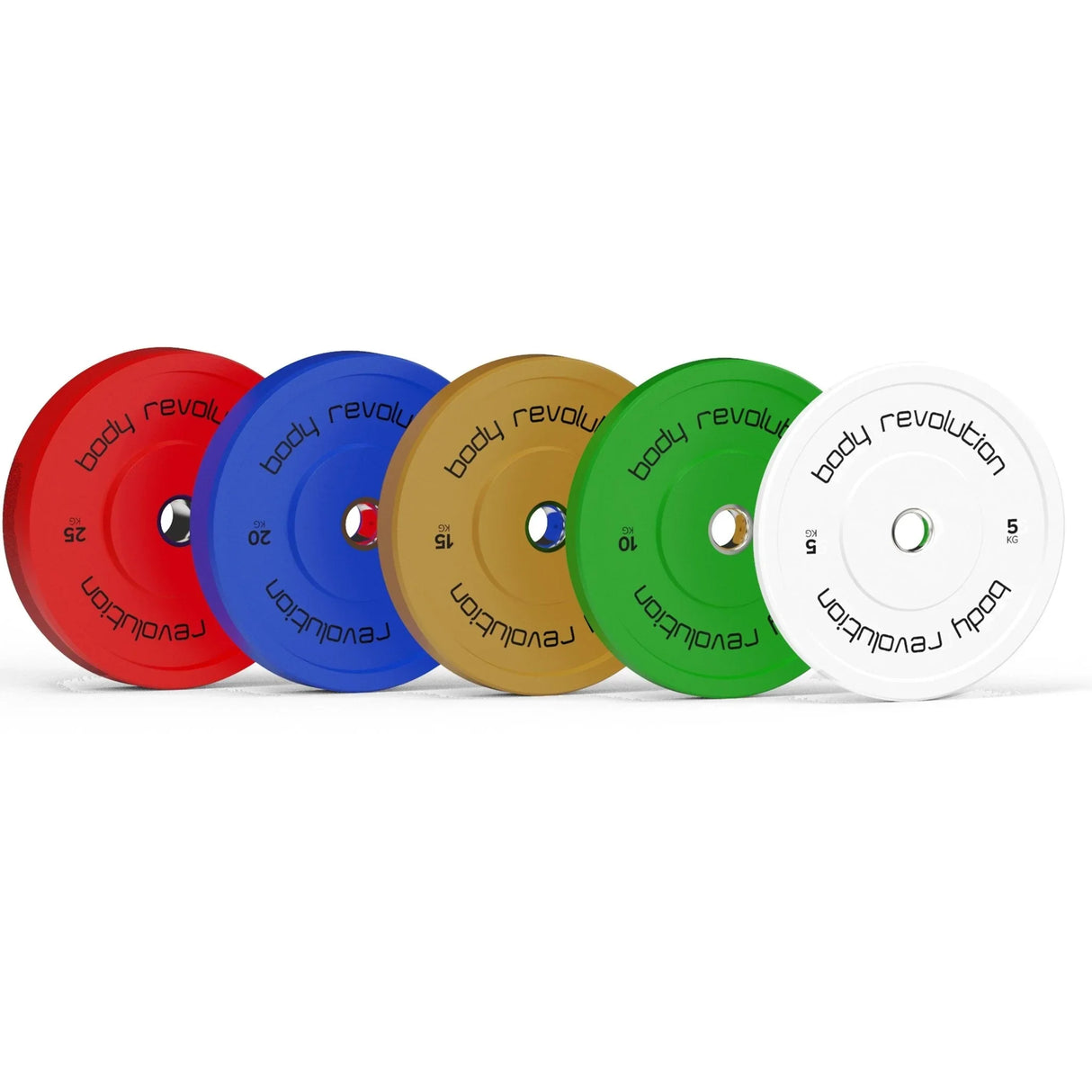 Body Revolution 100kg Bundle Olympic coloured bumper plates in red, blue, green, yellow, and white, featuring durable rubber construction and clear weight markings