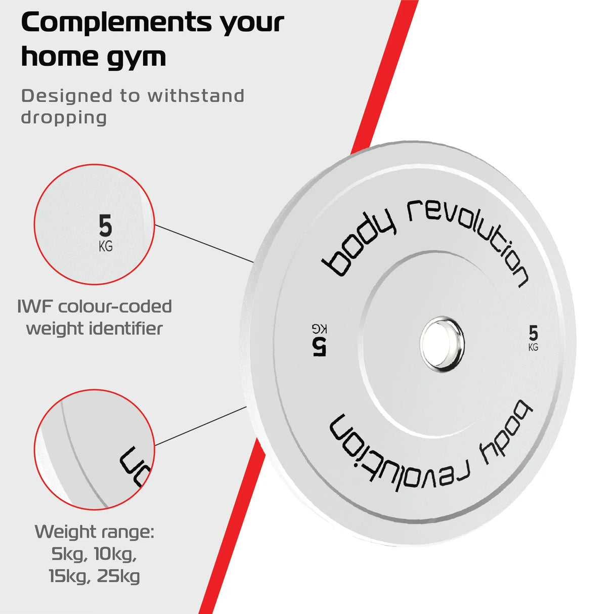 Body Revolution 5kg Olympic bumper plate in white with black lettering, designed for durability and color-coded for easy identification