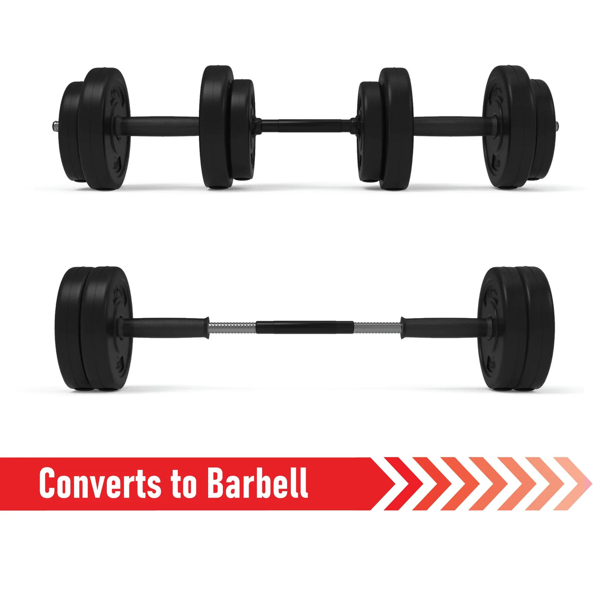 Vinyl adjustable dumbbell set (10kg - 50kg) with black weights, showcasing conversion to a barbell, ideal for versatile workouts