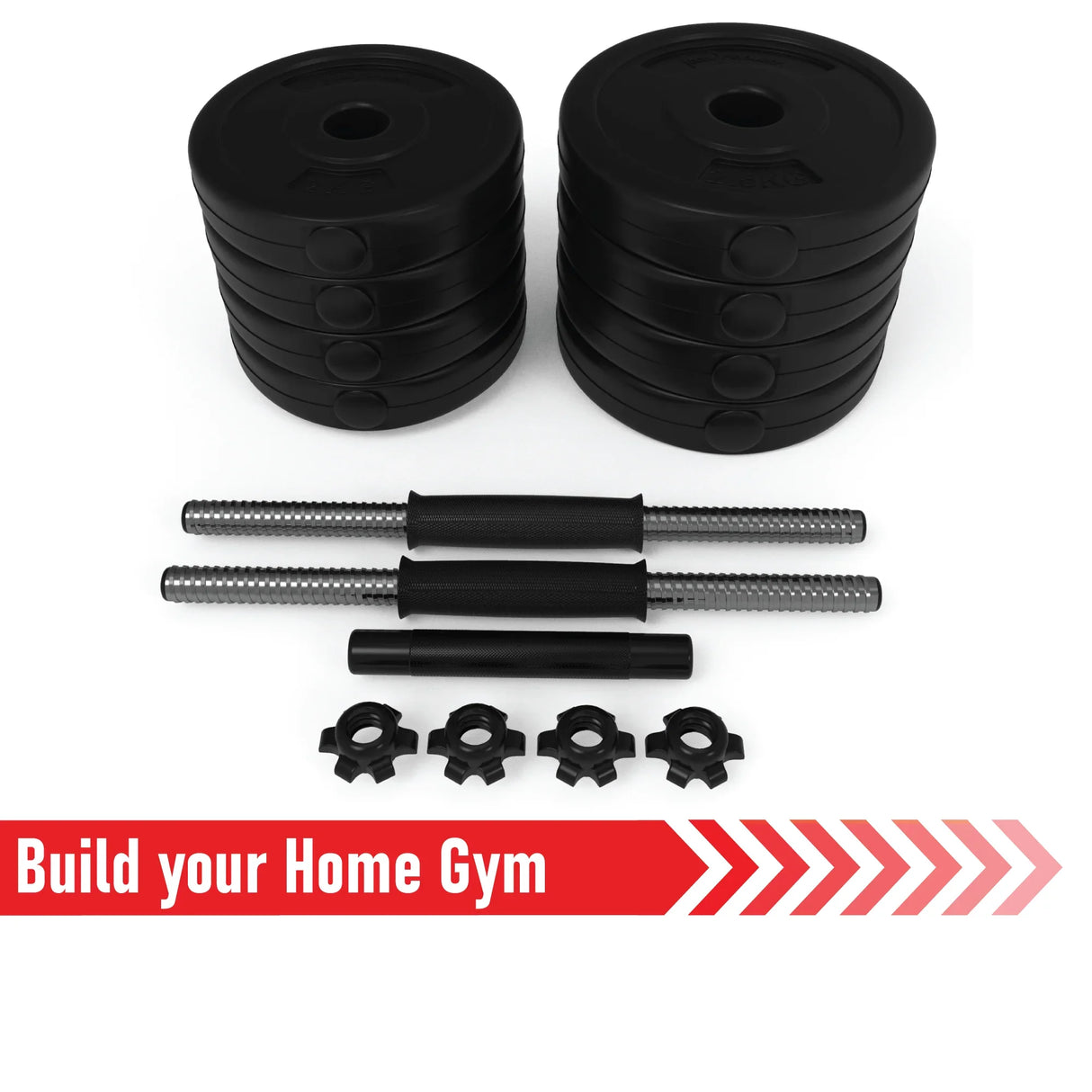 Vinyl adjustable dumbbell set with black weight plates, chrome handles, and secure collars, perfect for home workouts and strength training