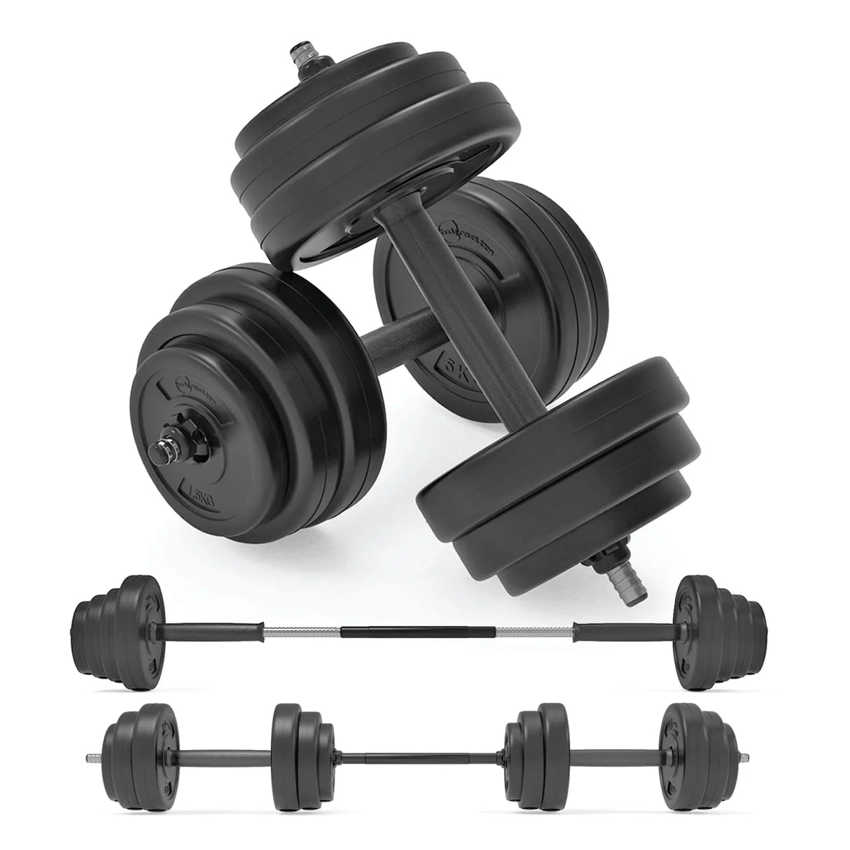 Adjustable vinyl dumbbell set ranging from 10kg to 50kg, featuring a sleek black design and textured grip for secure handling