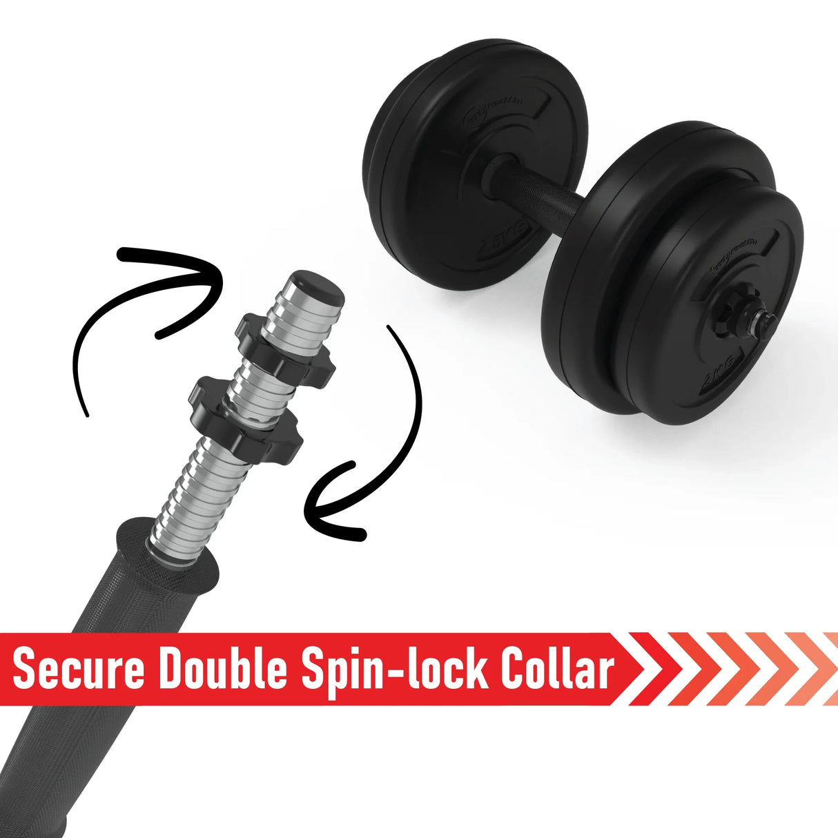 Vinyl adjustable dumbbell set with secure double spin-lock collar, featuring a sleek black finish and ergonomic grip for comfort