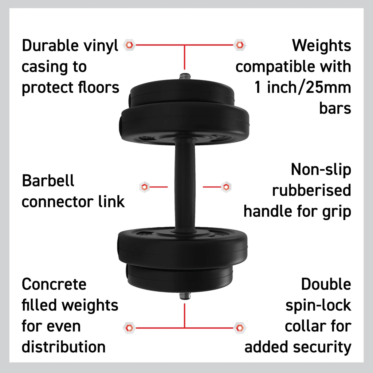 Vinyl adjustable dumbbell set with durable casing, non-slip handle, and concrete weights, adjustable from 10kg to 50kg