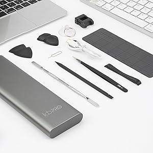 ilabPRO Electric Precision Screwdriver Set with sleek gray case, various tools including tweezers, spudgers, and a suction cup on a white background