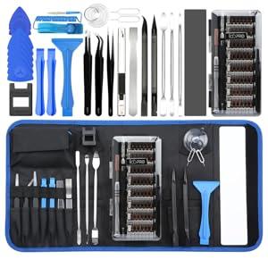 90-piece precision screwdriver set featuring various tools in blue and black, organized in a compact carrying case for easy access