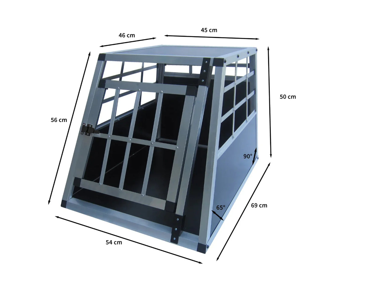 Small single door car dog crate with a sturdy metal frame, black and silver finish, measuring 56cm high and 54cm wide