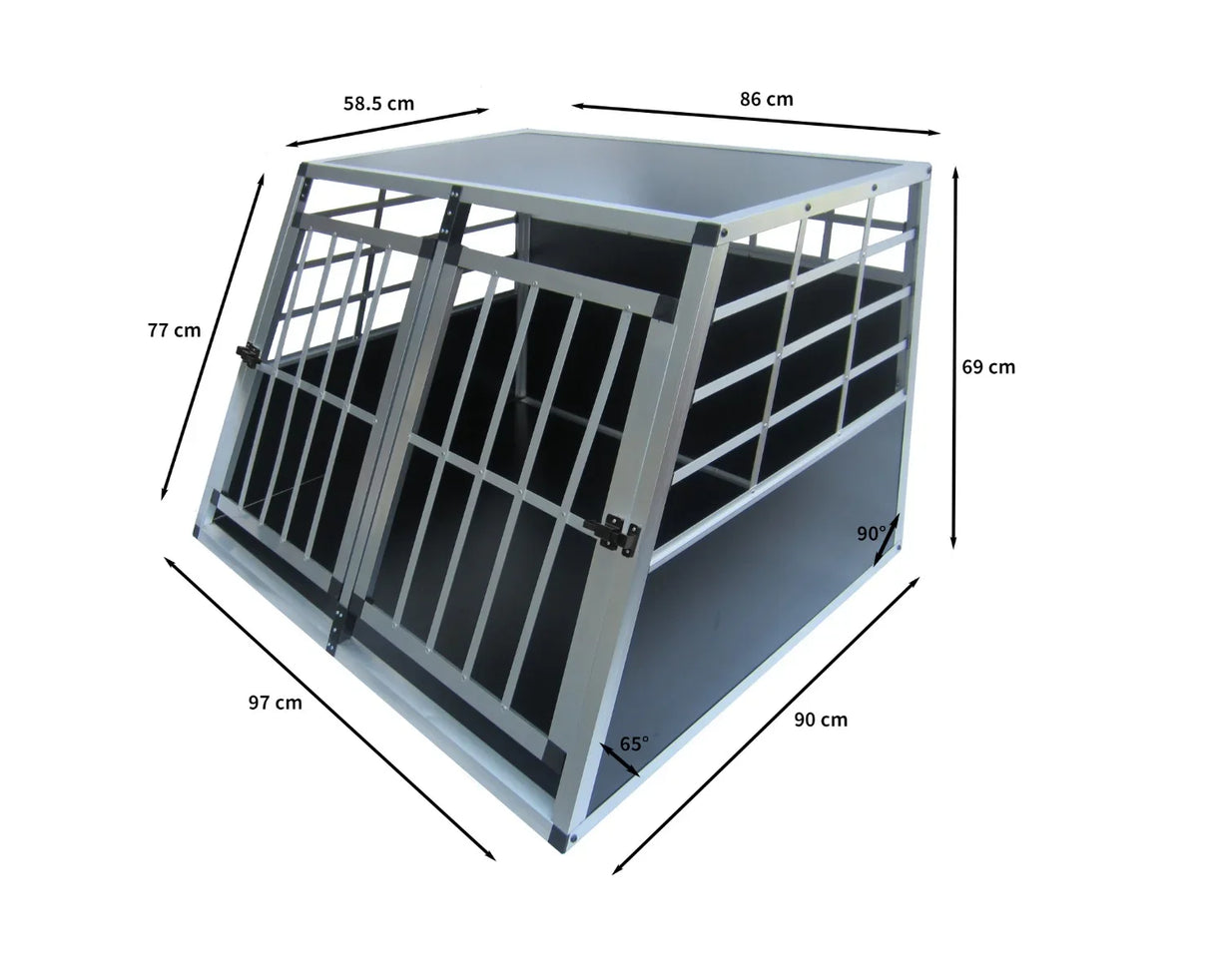 Large car dog pet crate with double doors, sturdy metal frame, black finish, and spacious interior dimensions for comfort