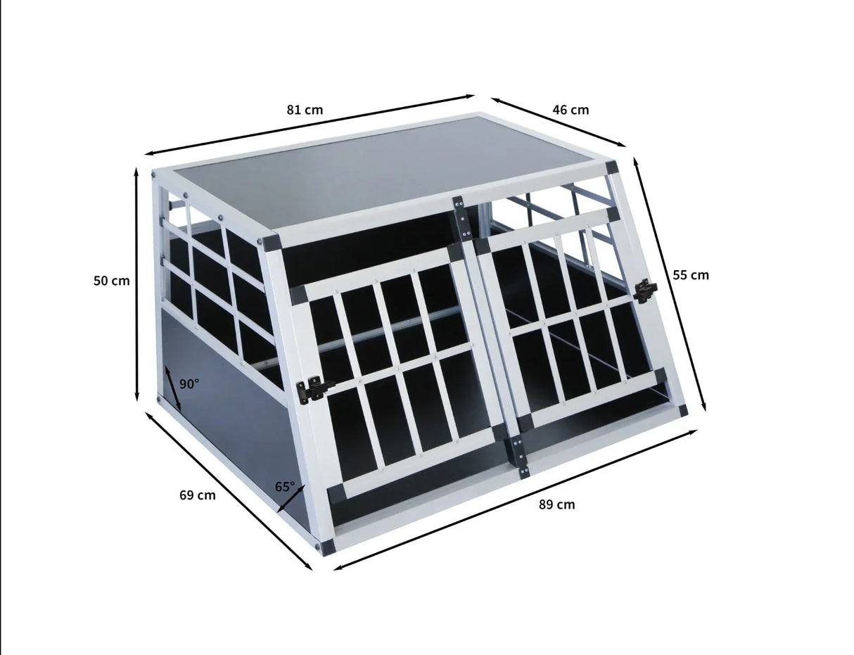 Small double-door car dog crate in sleek gray and white, featuring sturdy metal bars, a sloped roof, and precise dimensions for easy fit