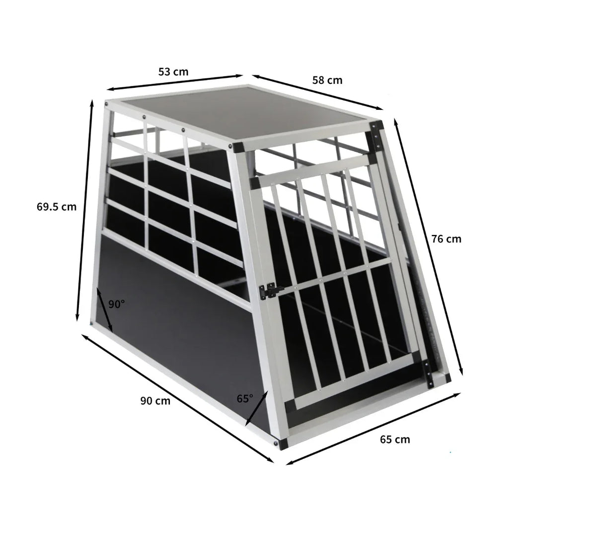 Large single door car dog crate with a sturdy metal frame, black base, and adjustable dimensions for secure pet travel