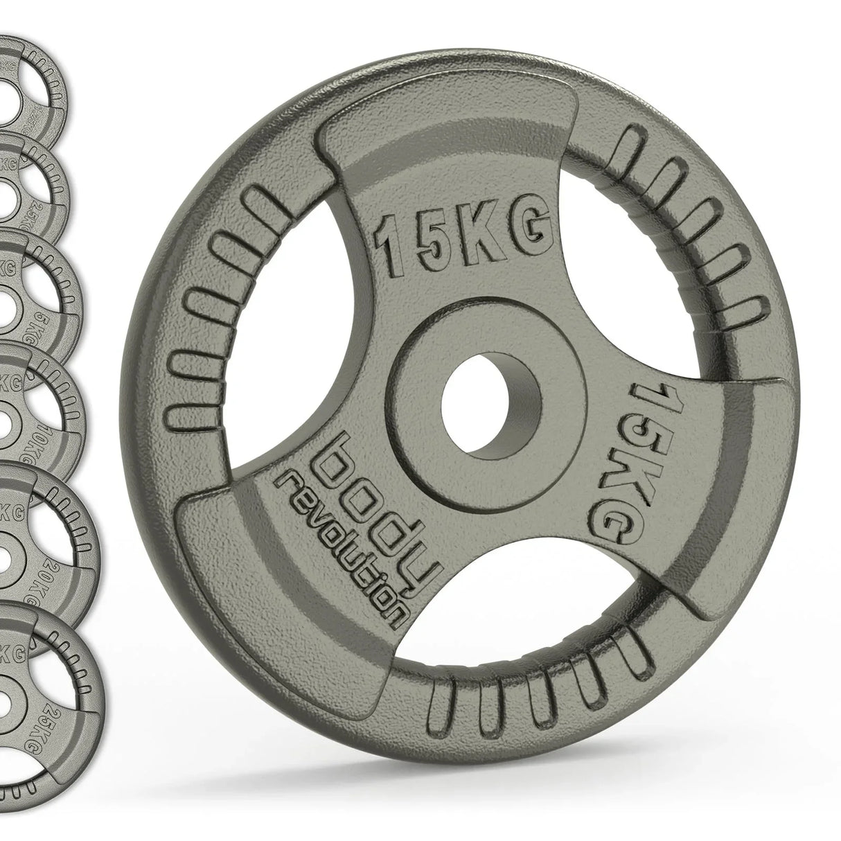 15KG Olympic tri grip cast iron weight plate featuring a textured surface, sturdy design, and clear weight markings for easy identification