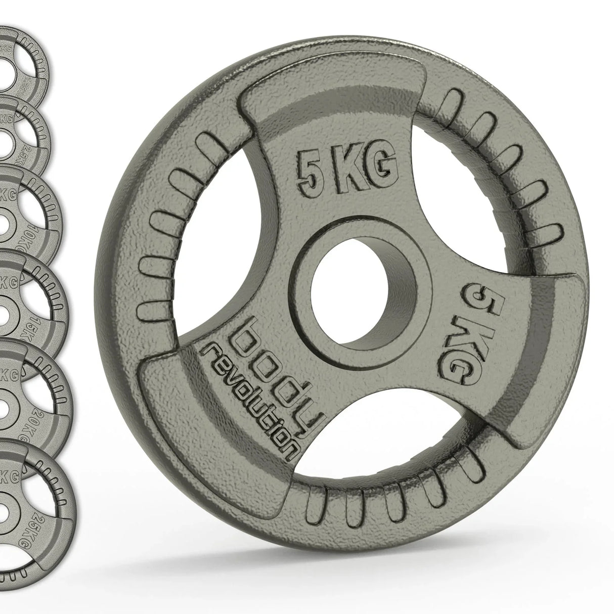 5 kg Olympic tri grip cast iron weight plate with textured surface, featuring a central hole and clear weight markings for easy identification