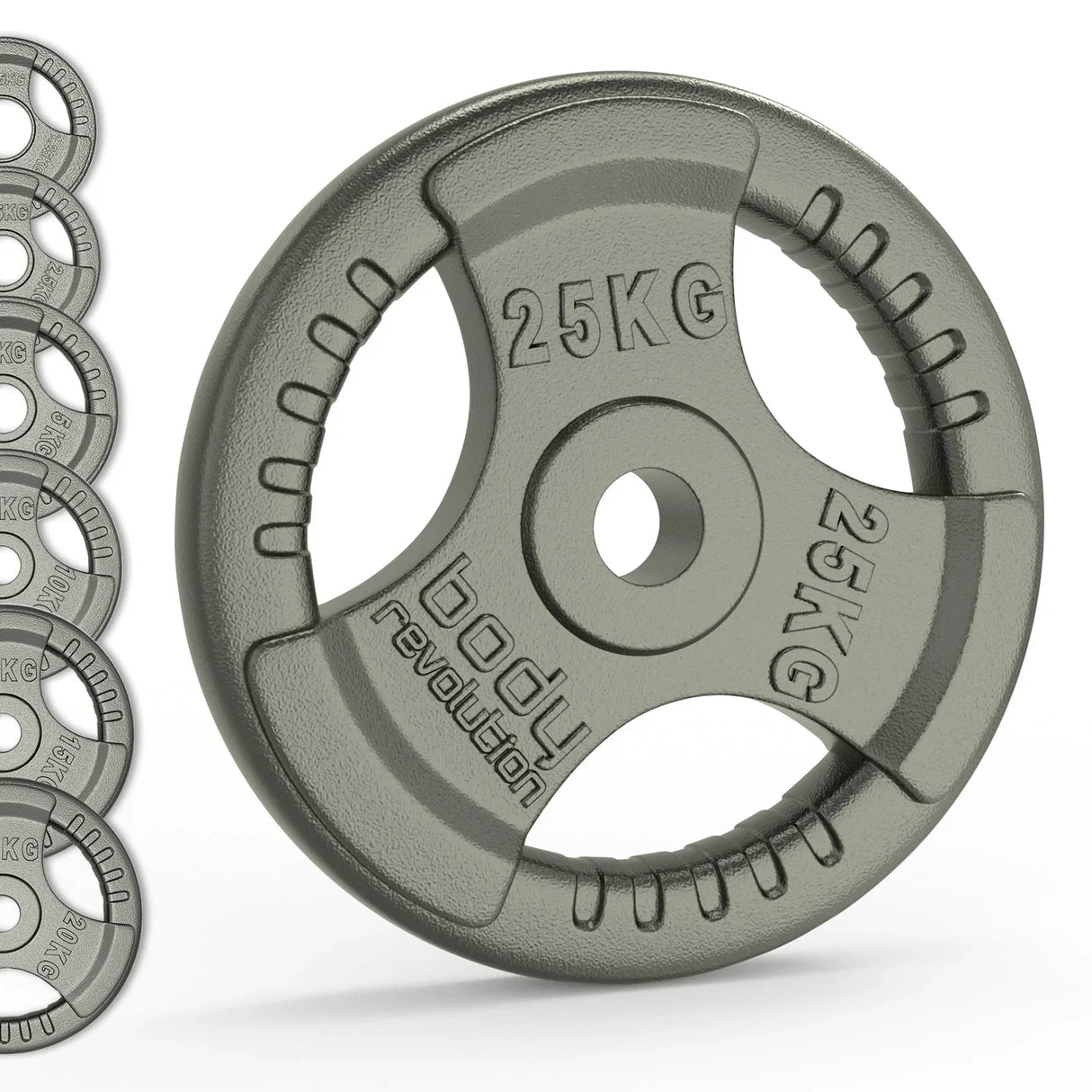 25kg Olympic tri grip cast iron weight plate with textured surface and ergonomic handles, ideal for strength training and fitness workouts
