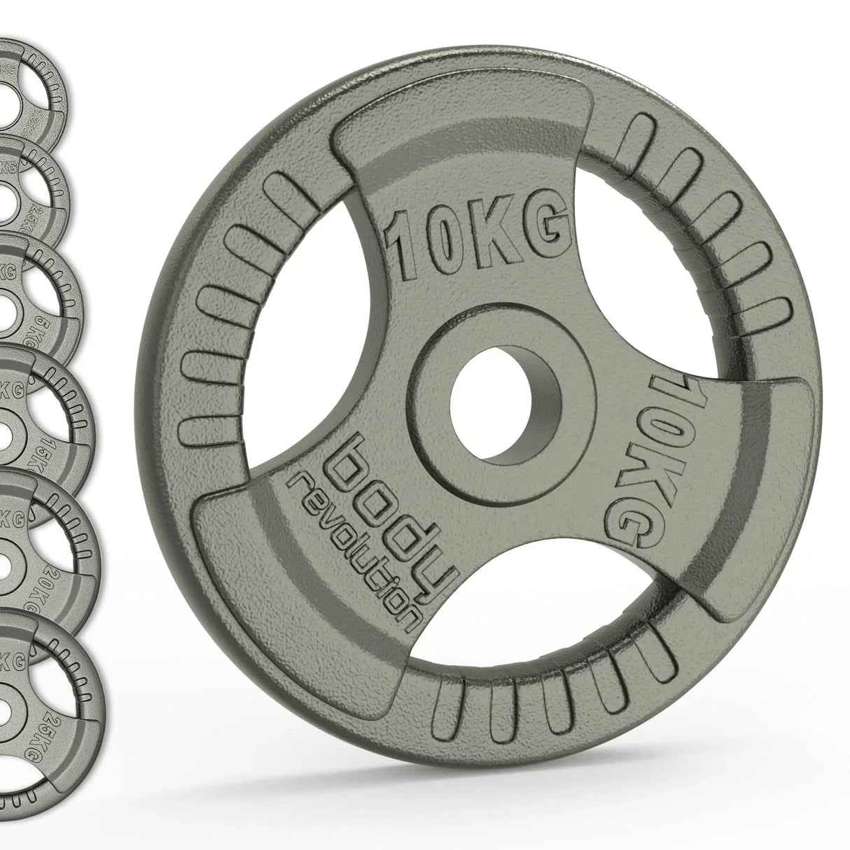 Olympic tri grip cast iron weight plate in gray, featuring a textured surface and clear weight markings, ideal for strength training