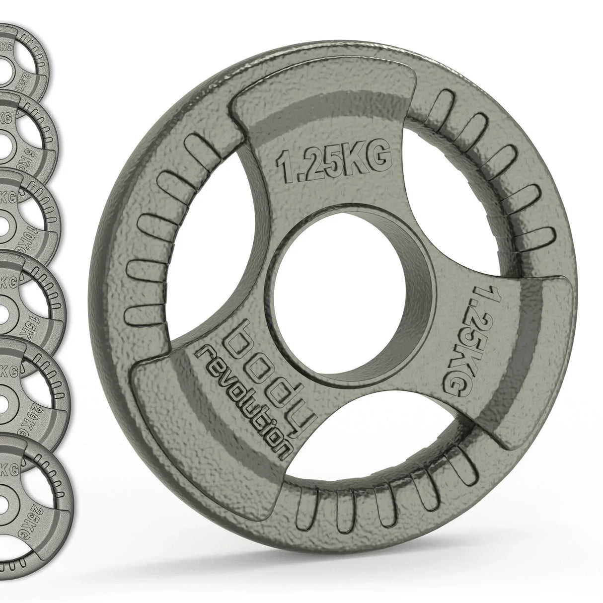 Olympic tri grip cast iron weight plate in gray, featuring textured surface, 1.25kg marking, and ergonomic grip design for easy handling