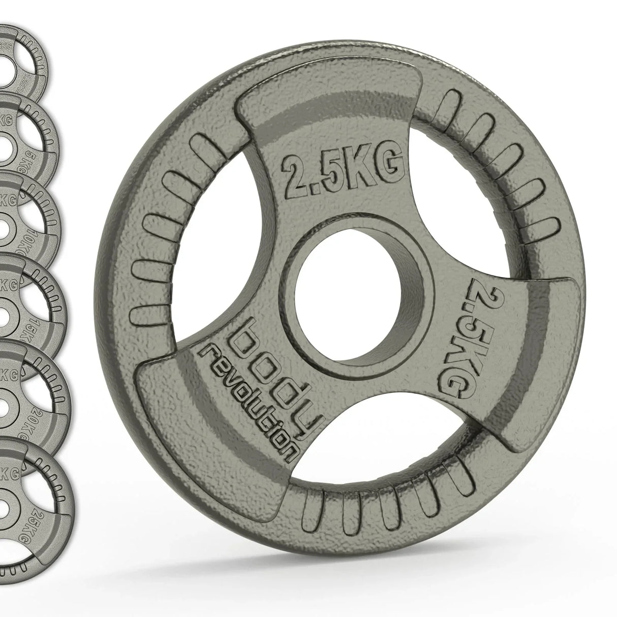Olympic tri grip cast iron weight plate in gray, featuring a textured surface, 2.5KG marking, and ergonomic grip design