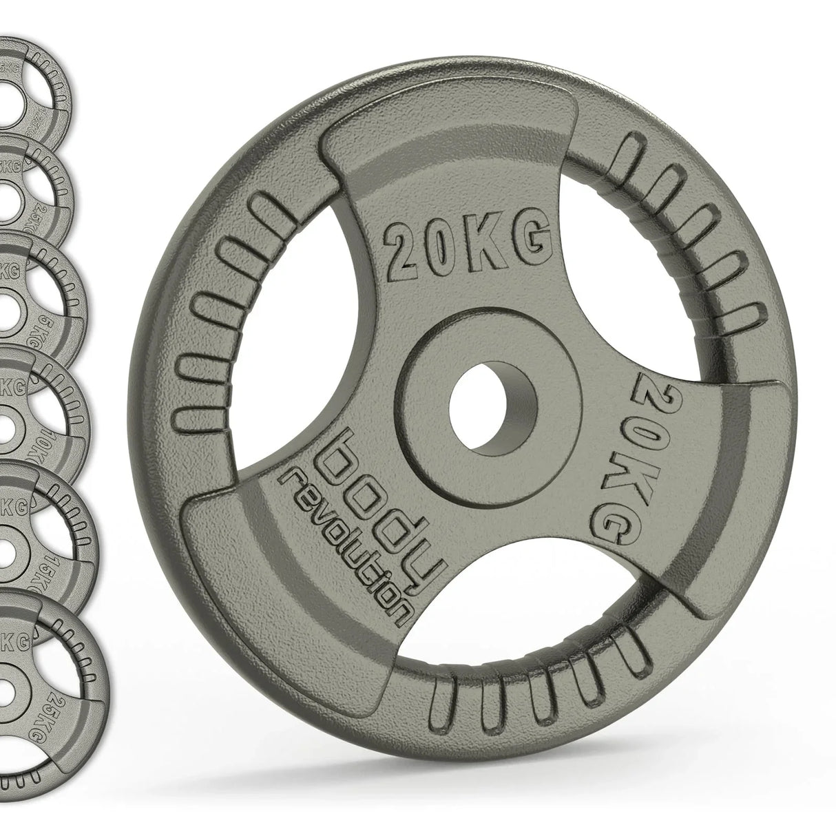 20kg Olympic tri grip cast iron weight plate featuring a textured surface, durable design, and easy-to-grip handles for secure lifting