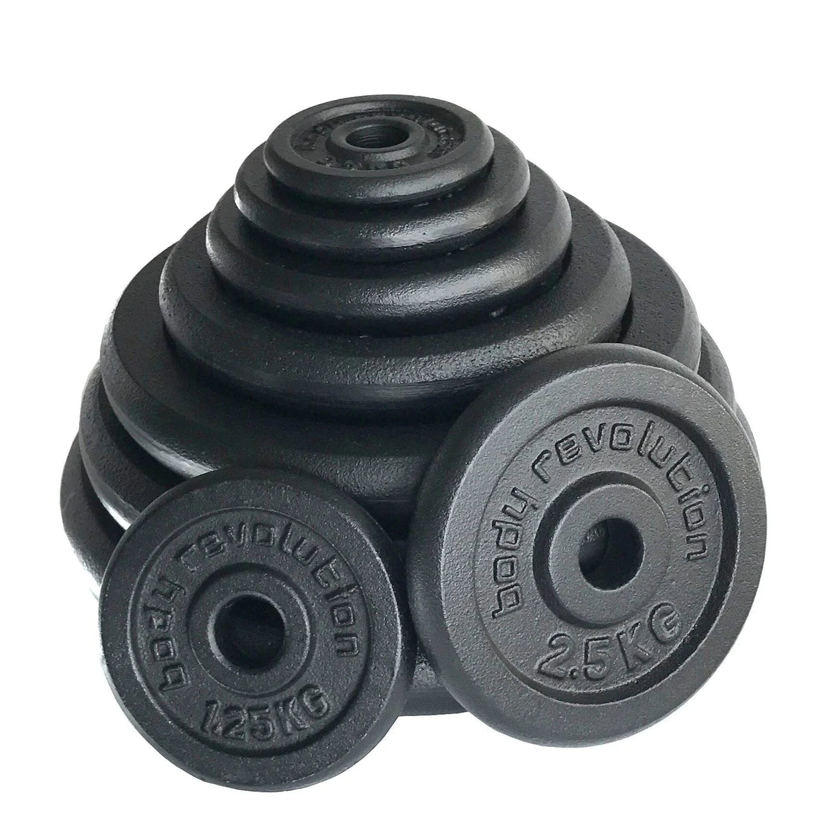 Stacked cast iron weight plates in various sizes, featuring a textured black finish and engraved weight markings for easy identification