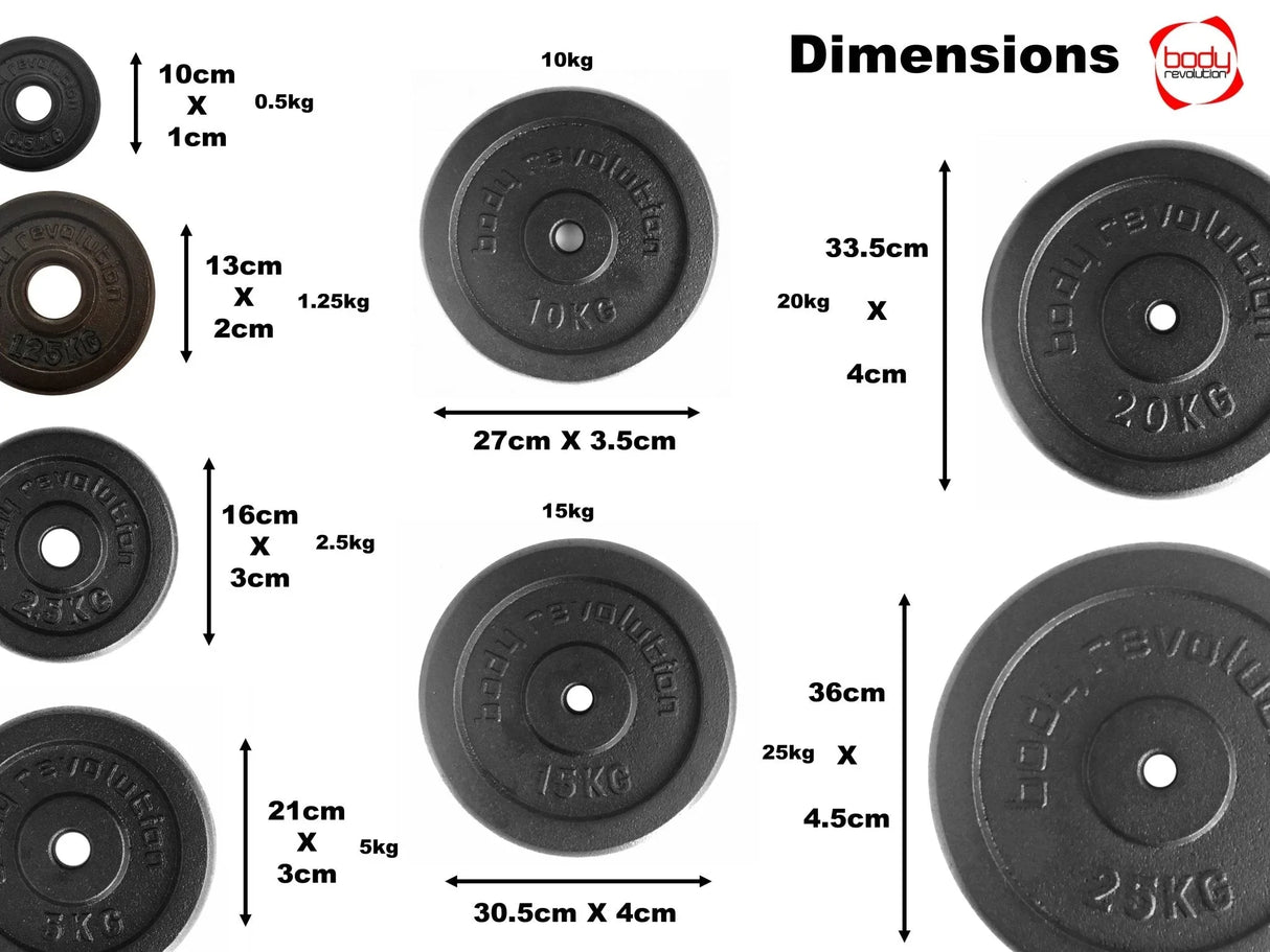 Cast iron weight plates in various sizes and weights, featuring a textured surface and central hole for easy handling and stacking