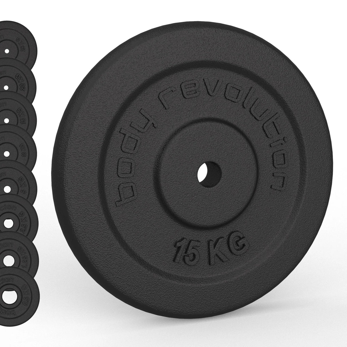 Black cast iron weight plate with textured surface, featuring raised lettering and a 15 KG weight designation, ideal for strength training