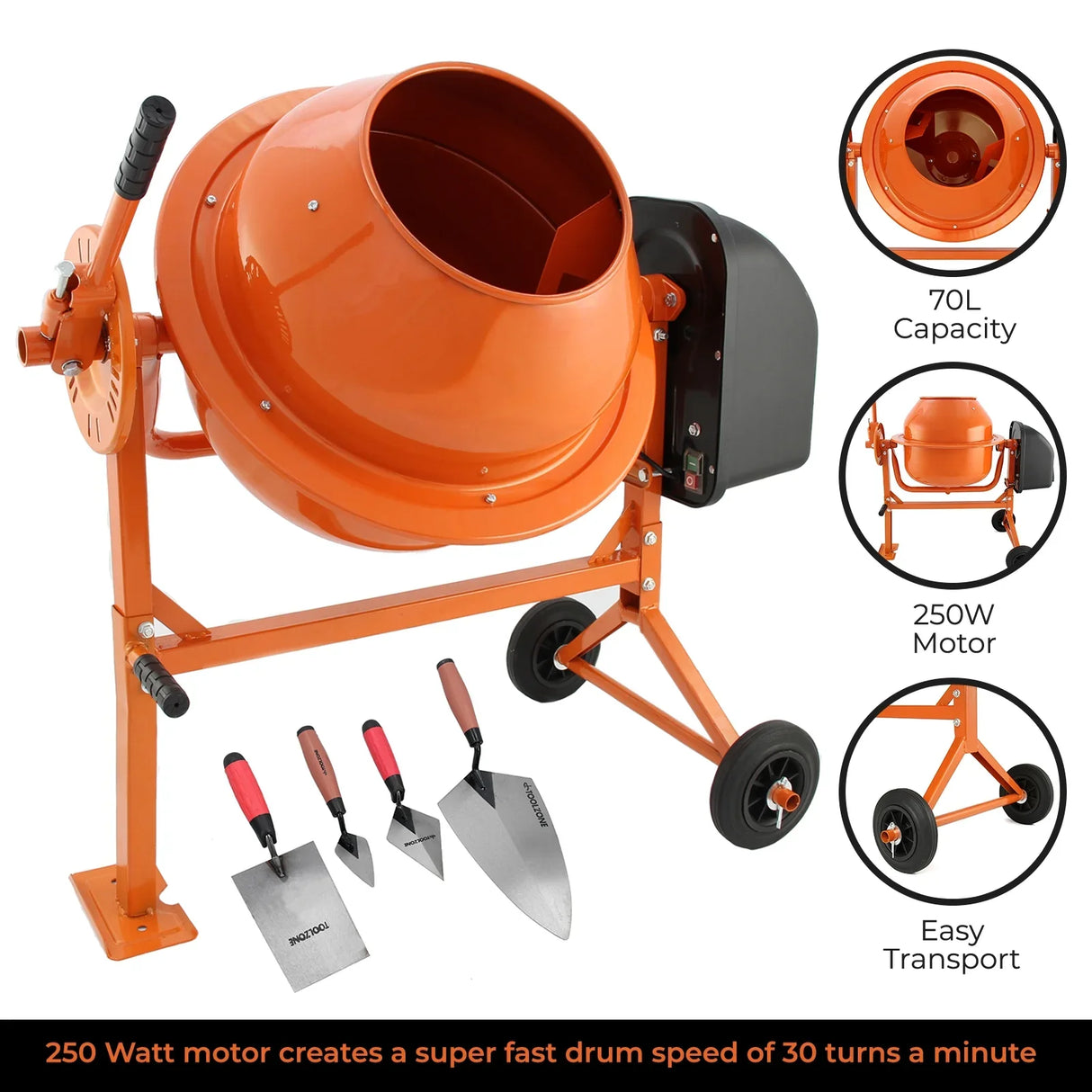 70L T-Mech electric cement mixer in vibrant orange, featuring a sturdy frame, trowel set, and easy-to-use design for efficient mixing