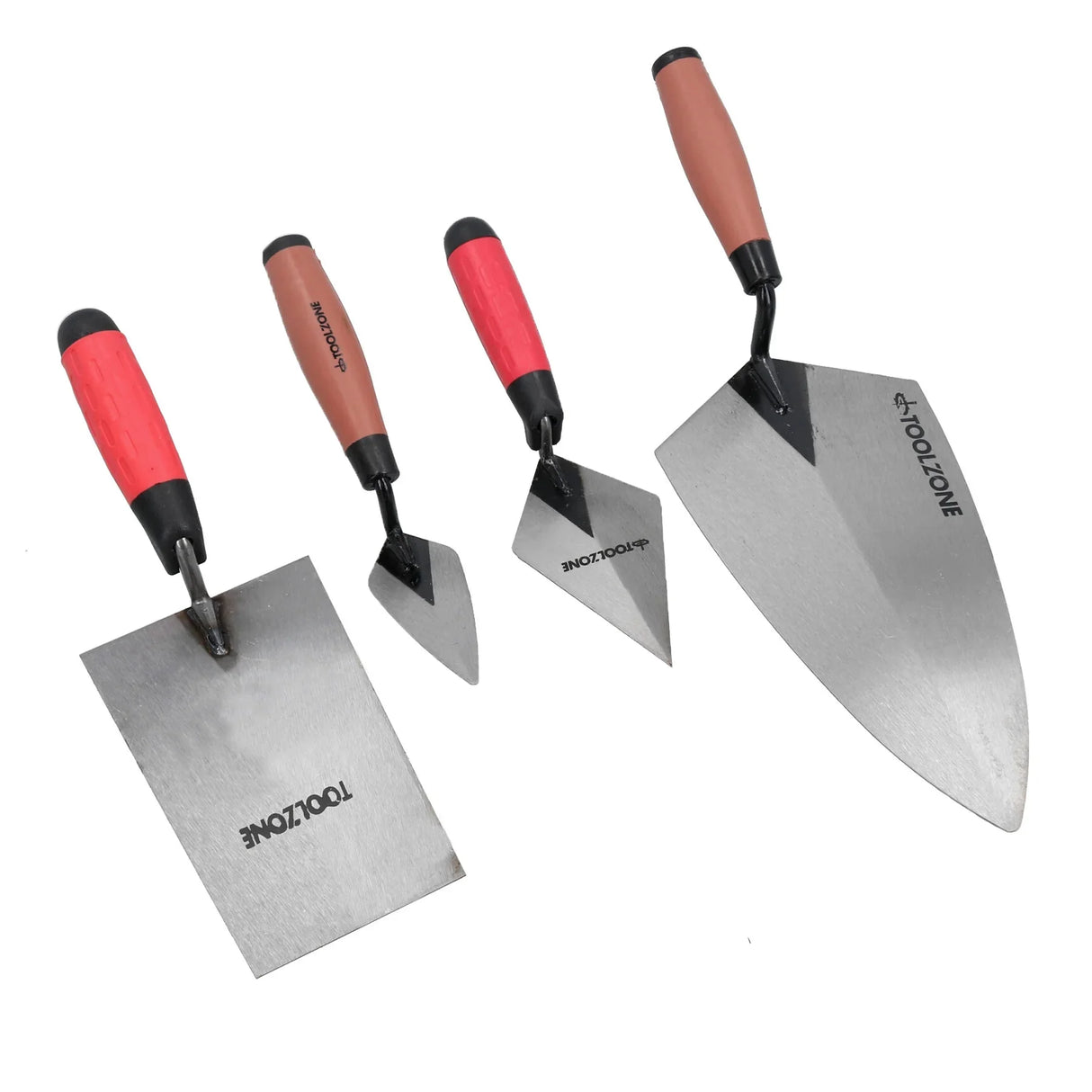 Four-piece trowel set featuring stainless steel blades and ergonomic red and black rubber grips, ideal for cement mixing and finishing tasks