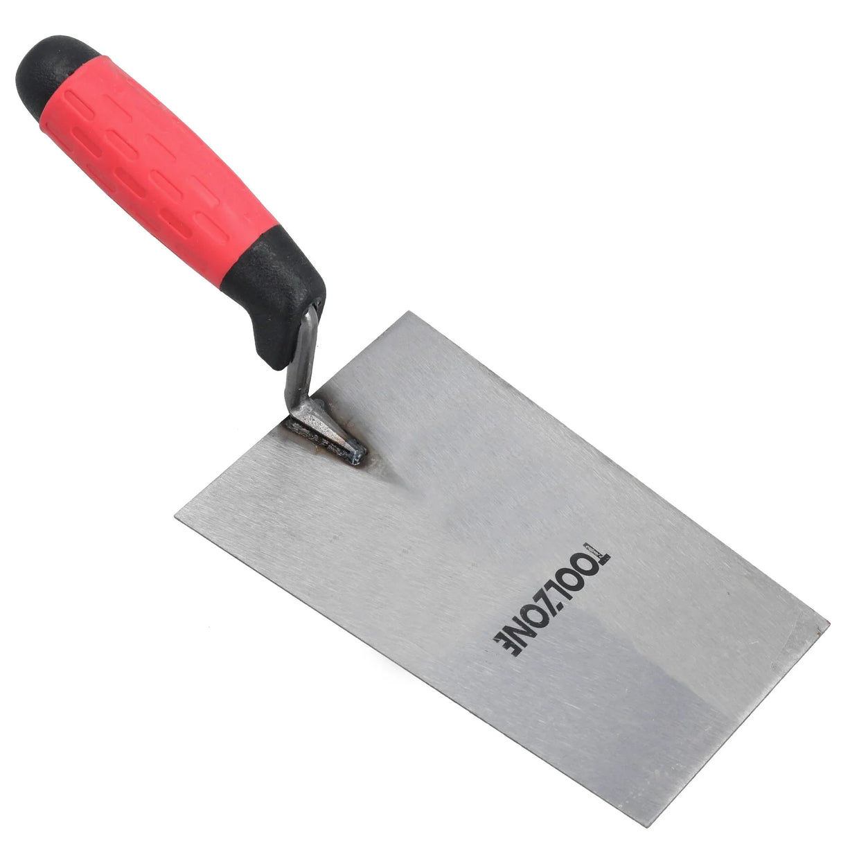 Stainless steel trowel with a red rubber grip handle, ideal for smooth cement application and finishing tasks