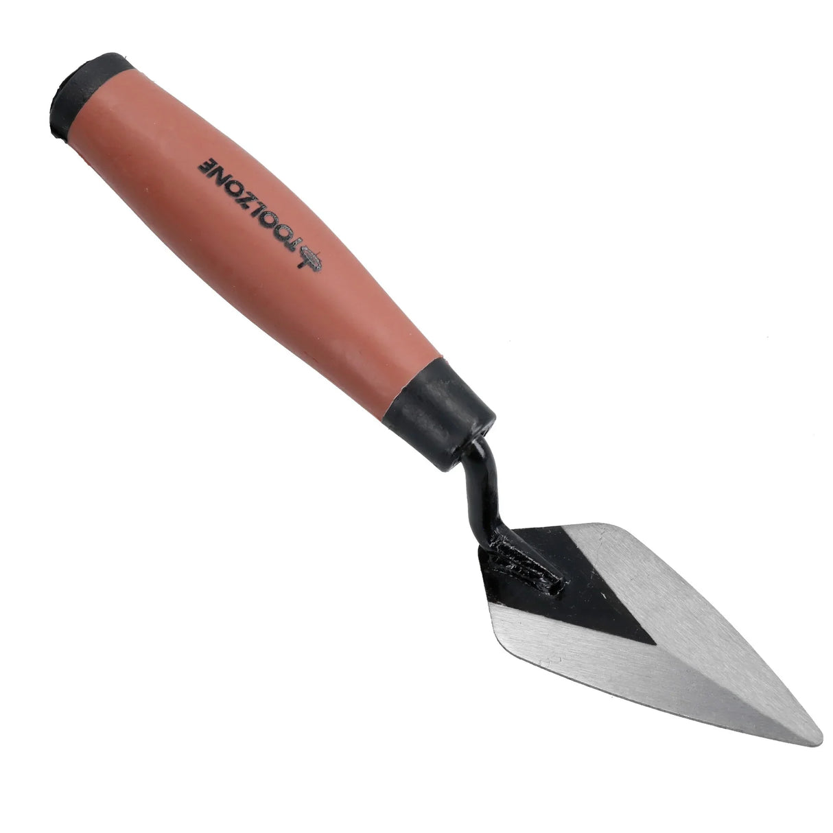 Trowel with a sturdy metal blade and ergonomic red rubber handle, ideal for precise cement mixing and application tasks