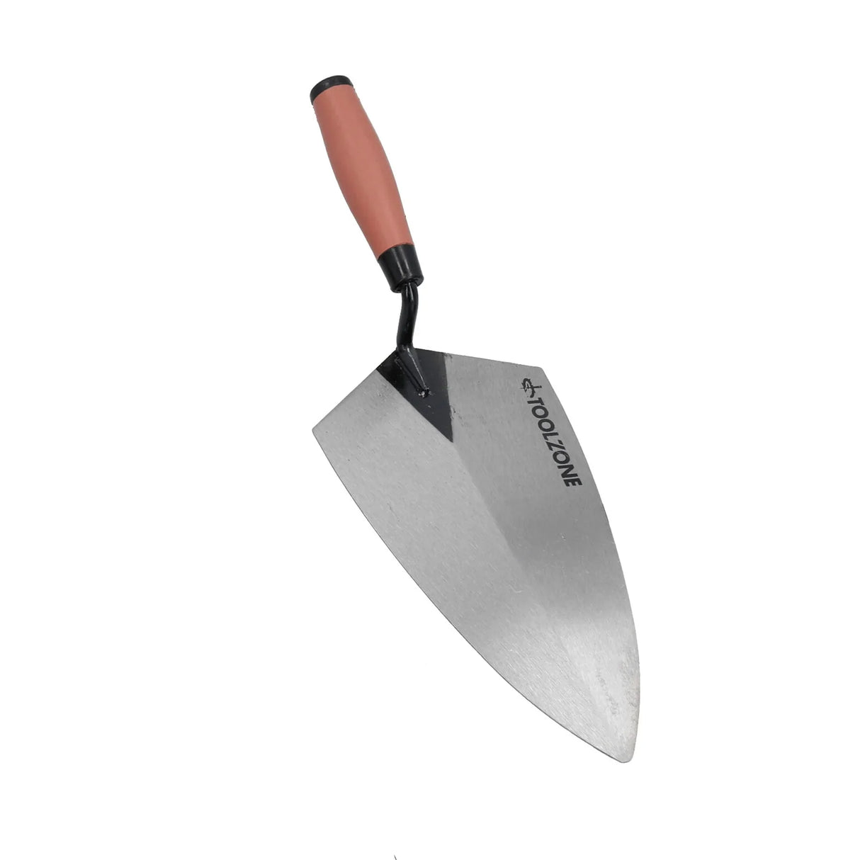 Stainless steel trowel with a pointed blade and a comfortable red rubber grip, ideal for smoothing cement surfaces