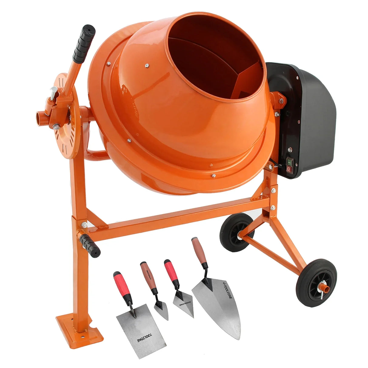 70L T-Mech electric cement mixer in bright orange with sturdy metal frame, includes three trowels with red handles for mixing and finishing