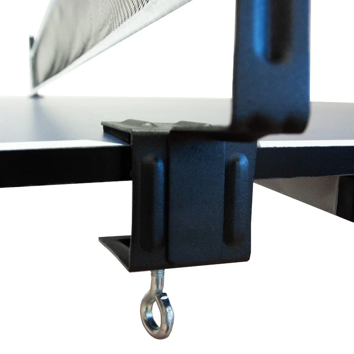 Black metal clamp securing the net to the edge of a folding table tennis table, showcasing sturdy construction and design details