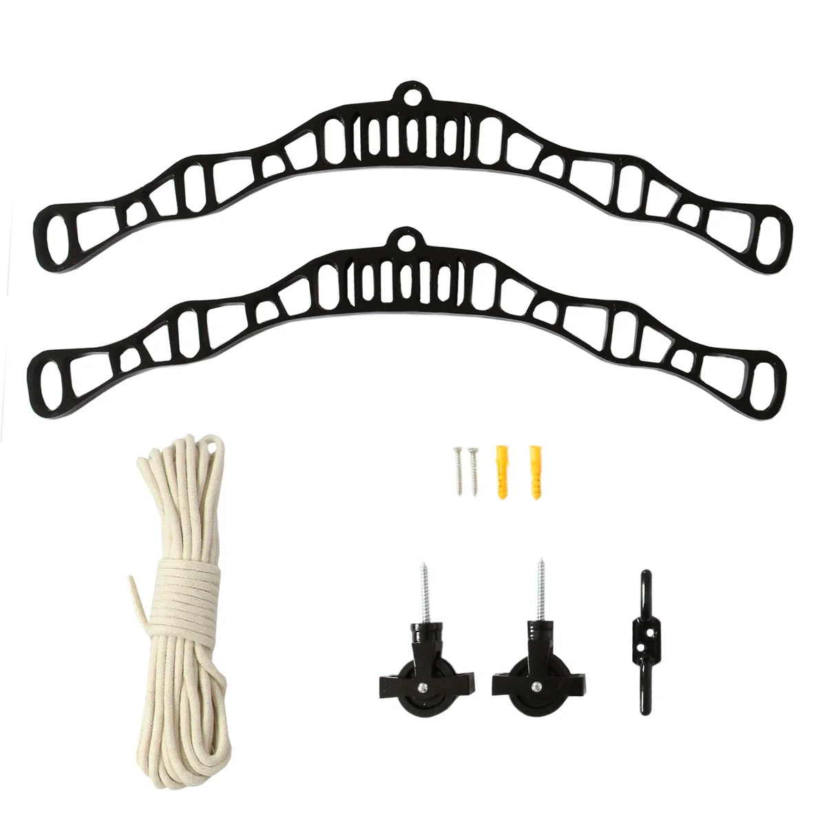 Black ceiling pulley clothing airer set with two sturdy brackets, rope, and mounting hardware for efficient laundry drying