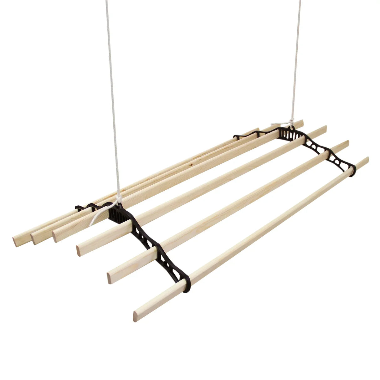 Ceiling pulley clothing airer in black with five wooden drying rods, designed for space-saving laundry drying solutions