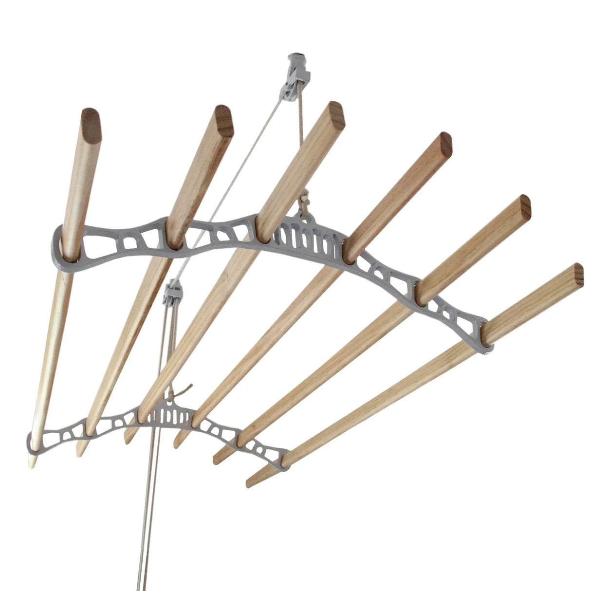 Ceiling-mounted clothing airer with white frame and natural wood drying rods, featuring a pulley system for easy use