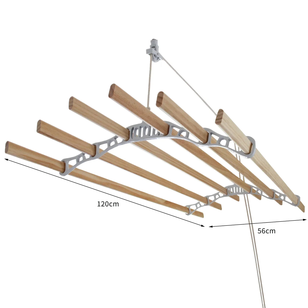 Ceiling-mounted clothing airer with white frame and five wooden drying rods, measuring 1.2m for efficient laundry drying